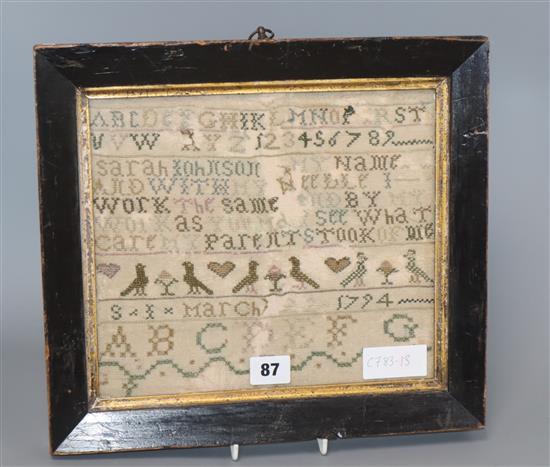 A George III needlework sampler, dated 1794 (a.f.) 22.5 x 26cm excl. frame